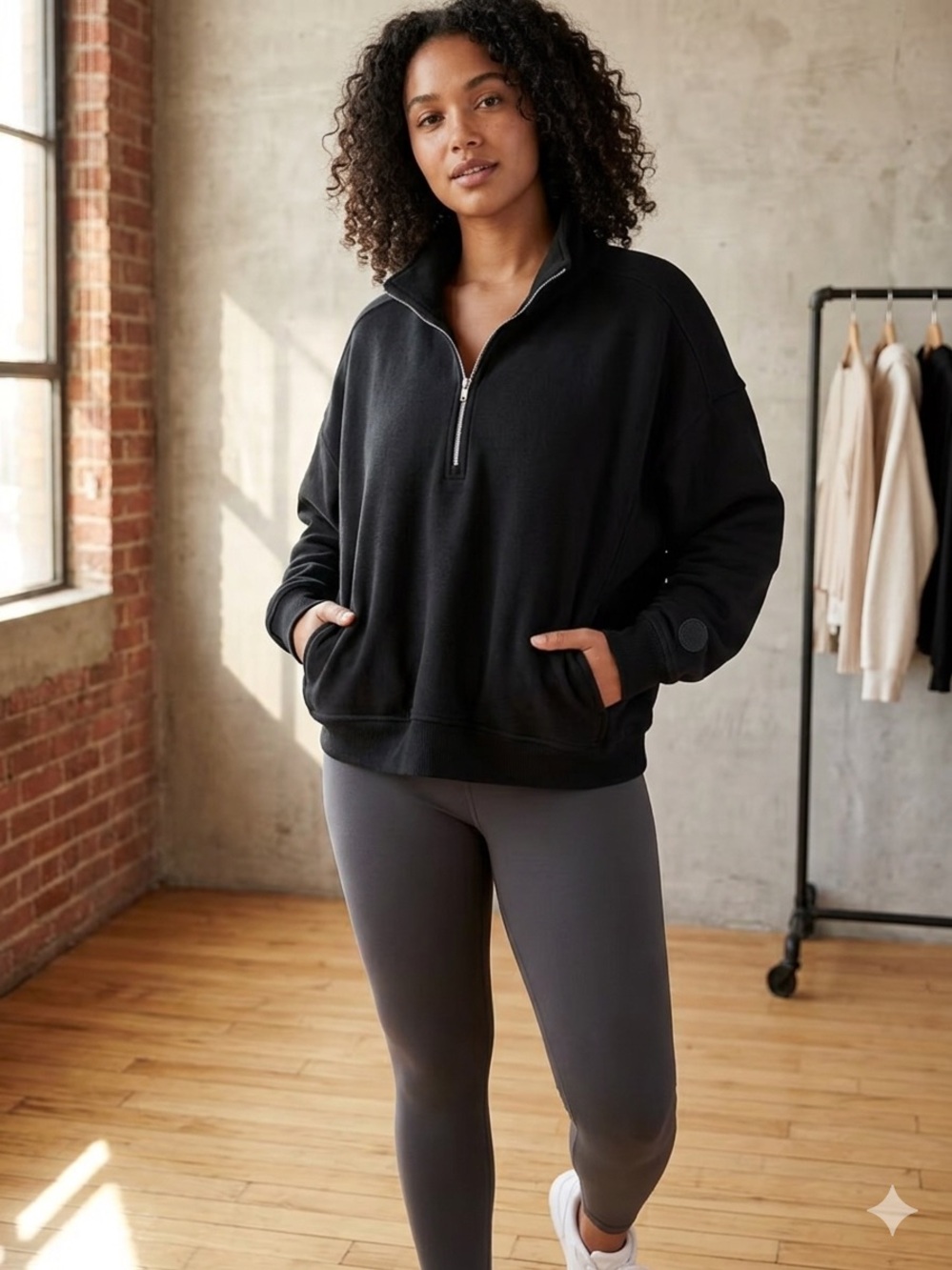 Victoria Secret Pink Half-Zip Pullover Sweatshirt in Black with Pockets Size L
